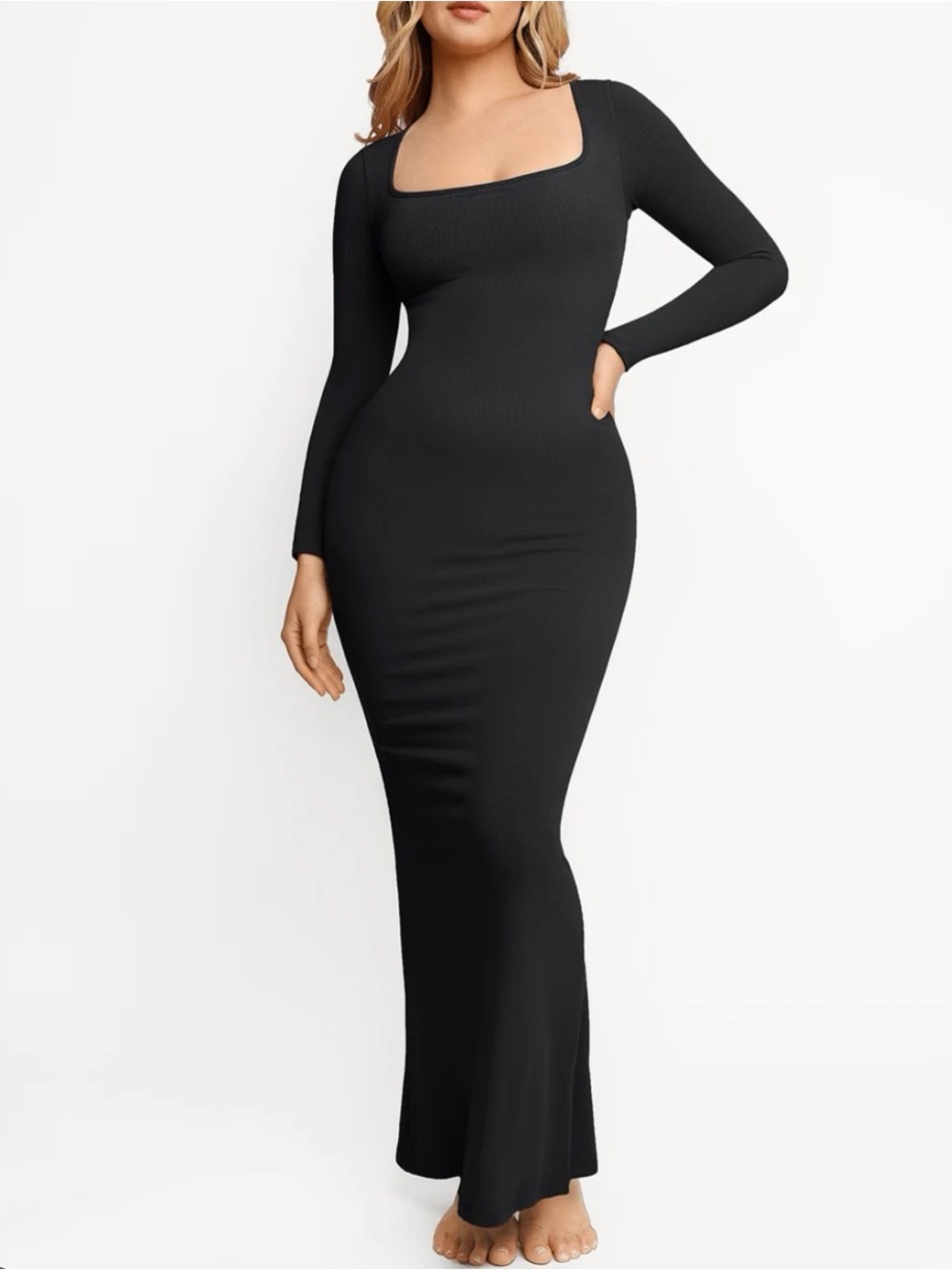 Popilush Black Long Sleeve Maxi Dress Built In Shapewear Sculpting Slimming NWT